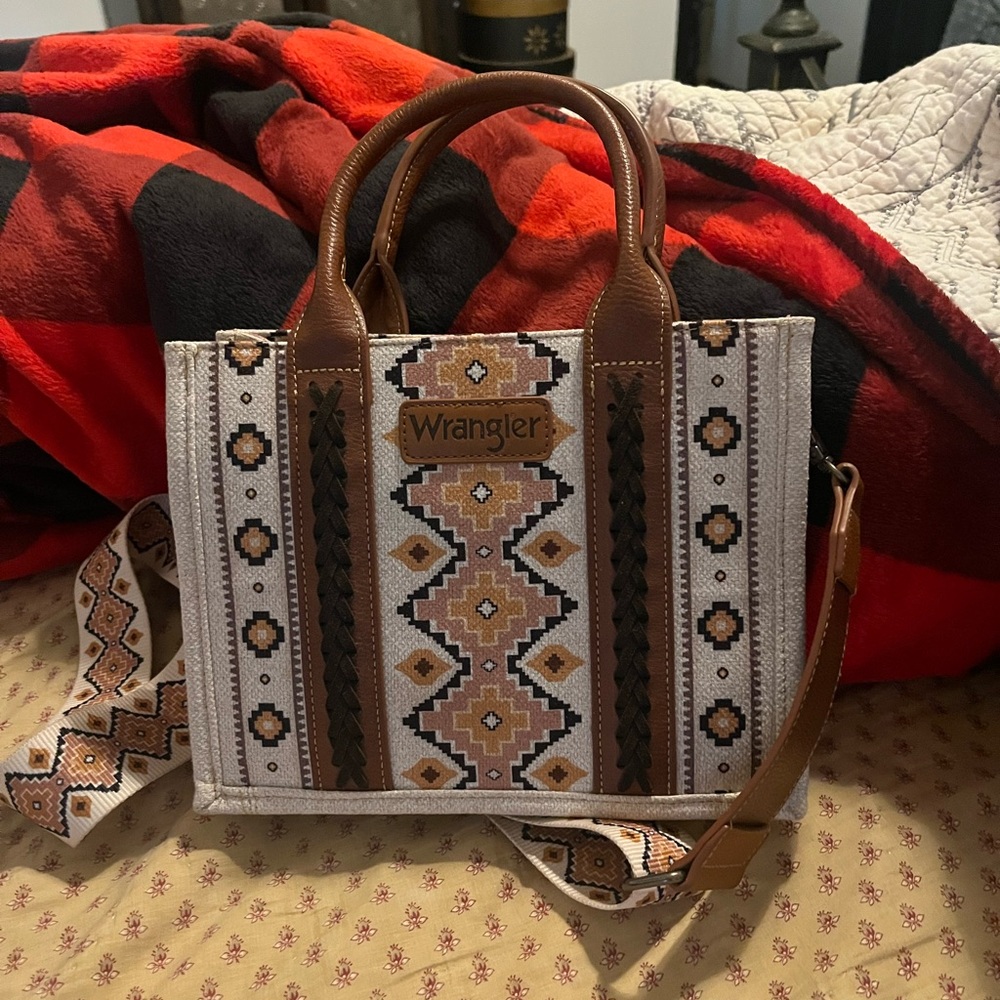 Wrangler Brown and Cream Geometric Tote Bag